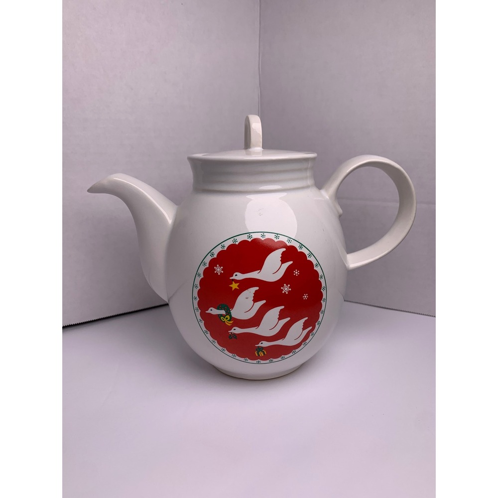 Richard Hoffman Going Home for Christmas Ceramic Teapot Geese Holiday White Red
